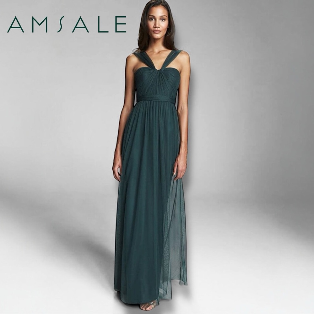 Amsale Bridesmaid Dress Aisha Inverted V Halter Long Gown Hunter Green Tulle 12